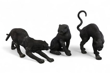 SET OF 3 LARGE BRONZE PANTHERS