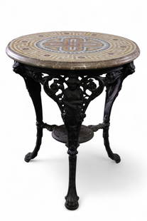 VICTORIAN CAST IRON PUB TABLE: VICTORIAN IRON BASE PUB TABLE, MICRO MOSIAC STONE TOP. 26" DIAM x 29" H. THIS ITEM EXCEEDS SIZE OR WEIGHT LIMITATIONS FOR IN HOUSE SHIPPING, MUST BE PICKED UP IN HOUSE OR SHIPPED VIA 3rd PARTY SHIPPER