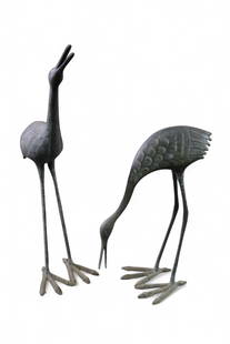 PAIR OF BRONZE YARD CRANES: PAIR OF BRONZE GARDEN CRANES, 22" - 33" H THIS ITEM EXCEEDS SIZE OR WEIGHT LIMITATIONS FOR IN HOUSE SHIPPING, MUST BE PICKED UP IN HOUSE OR SHIPPED VIA 3rd PARTY SHIPPER.