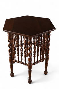 MERKLIN STYLE TABLE: VICTORIAN TURNED BASE SIDE TABLE, 16" W x 19" H. THIS ITEM EXCEEDS SIZE OR WEIGHT LIMITATIONS FOR IN HOUSE SHIPPING, MUST BE PICKED UP IN HOUSE OR SHIPPED VIA 3rd PARTY SHIPPER.