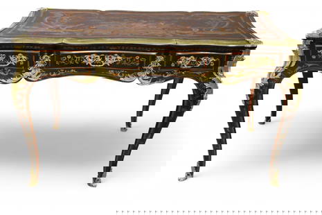 INLAID FRENCH STYLE DESK: LARGE INLAID FRENCH STYLE DESK WITH MOUNTED ORMOLU. SINGLE DRAWER. 55" L x 30" D x 32" H. THIS ITEM EXCEEDS SIZE OR WEIGHT LIMITATIONS FOR IN HOUSE SHIPPING, MUST BE PICKED UP IN HOUSE OR SHIPPED VIA