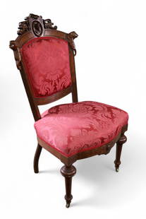 JOHN JELIFF STYLE VICTORIAN SIDE CHAIR: VICTORIAN FIGURAL CARVED SIDE CHAIR, NEWLY REUPHOSLTERED. 22" W x 19" D x 39 1/2" H. THIS ITEM EXCEEDS SIZE OR WEIGHT LIMITATIONS FOR IN HOUSE SHIPPING, MUST BE PICKED UP IN HOUSE OR SHIPPED VIA 3rd P