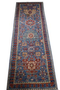 APPROX 8' x 2' 9" HANDMADE WOOL RUG: HANDMADE WOOL RUNNER RUG, STAIN.