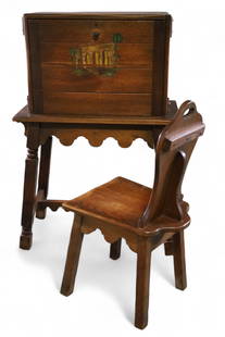 SPANISH DROP FRONT DESK & CHAIR: SPANISH DROP FRONT DESK WITH CHAIR, PAINTED FRONT WITH DESK CHAIR. WEAR TO FINISH. 31" W x 17 1/2" D x 47" H. & 16" W x 17" D x 36" H. THIS ITEM EXCEEDS SIZE OR WEIGHT LIMITATIONS FOR IN HOUSE SHIPPIN