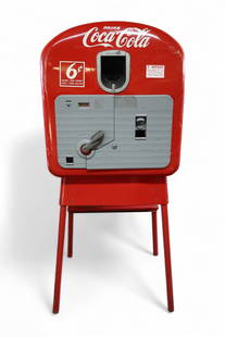 VENDO 27 COCA COLA MACHINE: COCA COLA VENDO 27 MACHINE ON STAND, NO KEY! MISSING LOWER RACK. UNKNOWN WORKING ORDER, UNTESTED. SCRATCHES AND PAINT LOSS. 24" W x 19" D x 57" H. THIS ITEM EXCEEDS SIZE OR WEIGHT LIMITATIONS FOR IN H