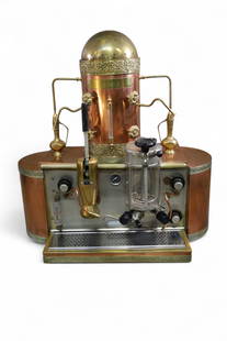 COPPER & BRASS ESPRESSO MACHINE: LARGE COPPER AND BRASS MIXED METAL ESPRESSO MACHINE, UNTESTED, UNKNOWN WORKING ORDER. SOME DENTS, THIS ITEM EXCEEDS SIZE OR WEIGHT LIMITATIONS FOR IN HOUSE SHIPPING, MUST BE PICKED UP VIA 3rd PARTY GR