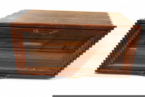 TABLE TOP FILE CABINET: DROP FRONT GLASS DOOR, 3 INTERIOR DRAWERS. 24" W x 14" D x 12" H. THIS ITEM EXCEEDS SIZE OR WEIGHT LIMITATIONS FOR IN HOUSE SHIPPING, MUST BE PICKED UP VIA 3rd PARTY GROUND SHIPPER.