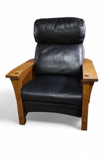 CONTEMPORARY STICKLEY RECLINER: LARGE CONTEMPORARY ARTS & CRAFTS STICKLEY RECLINER, WITH FOOTSTOOL, MARKED WITH TAG MINOR WEAR TO FINISH.. 33" W x 37" D x 41" H. THIS ITEM EXCEEDS SIZE OR WEIGHT LIMIATATIONS FOR IN HOUSE SHIPPING, M