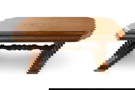 SALESMAN SAMPLE SOFA TABLE: MARKED JOSEPH MCPHERSON FURNITURE, LOS ANGELES. SMALL SALESMAN SAMPLE WALNUT SOFA OR CONSOLE TABLE, 27" W x 14" D x 11" H. DAMGE TO ONE LEG, WEAR TO FINISH. THIS ITEM EXCEEDS SIZE OR WEIGHT LIMITATION