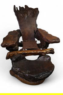 LARGE BURL ARMCHAIR & FOOTSTOOL: LARGE VINTAGE BURL ARMCHAIR, HAND CRAFTED ARMCHAIR WITH FOOTSTOOL. 46" W x 44" D x 43" H. THIS ITEM EXCEEDS SIZE OR WEIGHT LIMITATIONS FOR IN HOUSE SHIPPING, MUST BE PICKED UP VIA 3rd PARTY GROUND SHI