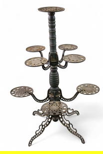 PLANT STAND: VICTORIAN PLANTER, CAST IRON WITH WOODEN CENTER POST.. 38" H. THIS ITEM EXCEEDS SIZE OR WEIGHT LIMIATATIONS FOR IN HOUSE SHIPPING, MUST BE PICKED UP VIA 3rd PARTY GROUND SHIPPER.