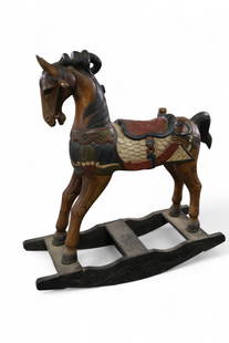 WOODEN ROCKING HORSE: CONTEMPORARY ROCKING HORSE, PAINTED WOOD ROCKING HORSE. 38" L x 43" H. THIS ITEM EXCEEDS SIZE OR WEIGHT LIMIATATIONS FOR IN HOUSE SHIPPING, MUST BE PICKED UP VIA 3rd PARTY GROUND SHIPPER.