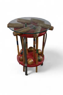CROQUET TABLE: VINTAGE CROQUET SET CARRIER WITH GLASS TOP. 20" DIAM x 28" H. THIS ITEM EXCEEDS SIZE OR WEIGHT LIMIATATIONS FOR IN HOUSE SHIPPING, MUST BE PICKED UP VIA 3rd PARTY GROUND SHIPPER.
