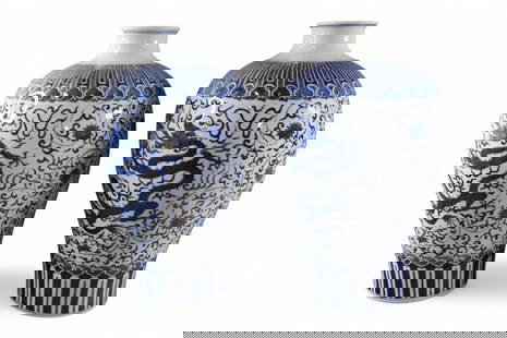PAIR OF CHINESE VASES: PAIR OF CHINESE BLUE AND WHITE VASES, SIGNED, DRAGON MOTIF VASES. 18" H.