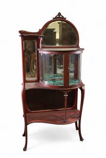 VICTORIAN CURIO CABINET: BOWED FRONT VICTORIAN CURIO CABINET, WEAR TO SILVERING ON MIRROR. WEAR TO FINISH. 29" W x 15" D x 62" H. THIS ITEM EXCEEDS SIZE OR WEIGHT LIMITATIONS FOR IN HOUSE SHIPPING, MUST BE PICKED UP VIA 3rd P