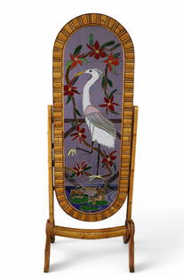 STAINED GLASS WINDOW: IN VINTAGE RATTAN FRAME, STAINED GLASS DRESSING SCREEN. 23" W x 65" H. THIS ITEM EXCEEDS SIZE OR WEIGHT LIMITATIONS FOR IN HOUSE SHIPPING, MUST BE PICKED UP VIA 3rd PARTY GROUND SHIPPER.