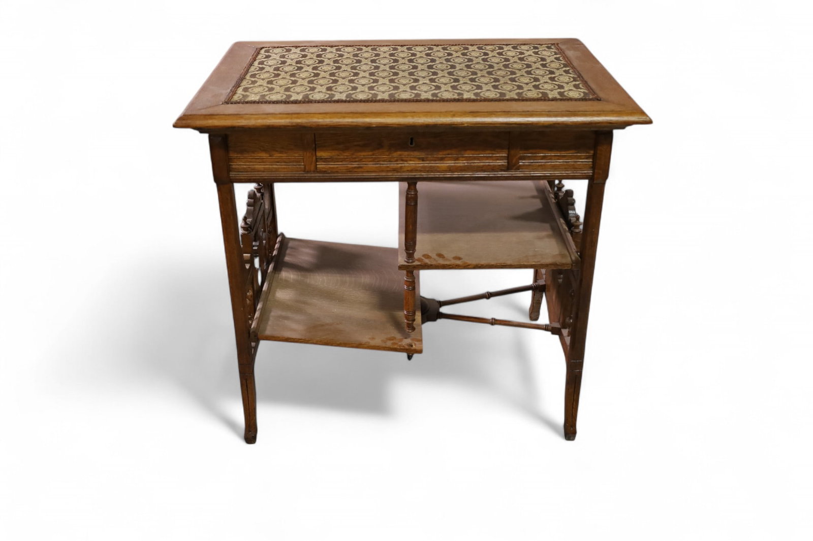 EASTLAKE VICTORIAN DESK: EASTLAKE VICTORIAN FABRIC TOP DESK, DAMAGE TO DRAWER AND TRIM. 33"W x 23: D x 30" H. THIS ITEM EXCEEDS SIZE OR WEIGHT LIMITATIONS FOR IN HOUSE SHIPPING, MUST BE PICKED UP VIA 3rd PARTY GROUND SHIPPER.