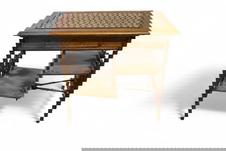 EASTLAKE VICTORIAN DESK: EASTLAKE VICTORIAN FABRIC TOP DESK, DAMAGE TO DRAWER AND TRIM. 33"W x 23: D x 30" H. THIS ITEM EXCEEDS SIZE OR WEIGHT LIMITATIONS FOR IN HOUSE SHIPPING, MUST BE PICKED UP VIA 3rd PARTY GROUND SHIPPER.