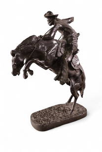 BRONZE STATUE: SMALL BRONCO BUSTER BRONZE FIGURE AFTER REMINGTON, 8" H.