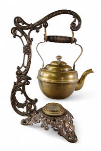 BRADLEY & HUBBARD KETTLE: BRASS TEAPOT ON ART NOUVEAU STAND, 15" H.