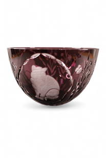 BOHEMIAN BOWL: LARGE BOHEMIAN CRYSTAL BOWL, WITH CAT DESIGN, 9" DIAM x 6" H.