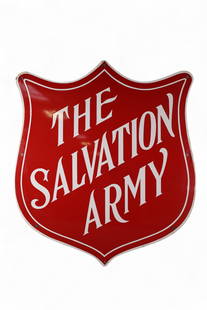 SALVATION ARMY SSP SIGN: LARGE SALVATION ARMY PORCELAIN SIGN, GOOD COLOR AND GLOSS. SOME CHIPS. TOUCH UP NEAR MOUNTING HOLES. 28" W x 33" H.