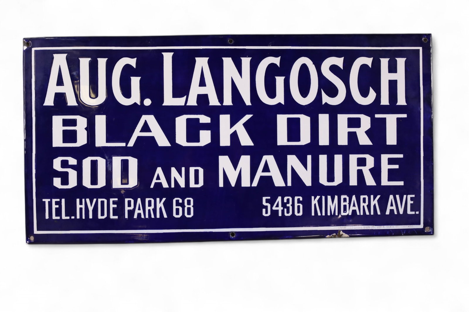SOD & MANURE PORCELAIN SIGN: LANGOSCH BLACK DIRT PORCELAIN SIGN, GOOD COLOR AND GLOSS. 24" x 12"