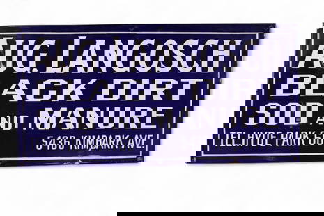SOD & MANURE PORCELAIN SIGN: LANGOSCH BLACK DIRT PORCELAIN SIGN, GOOD COLOR AND GLOSS. 24" x 12"