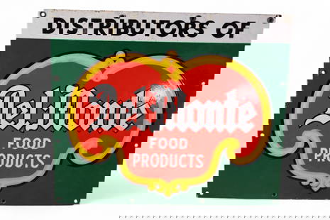 DEL MONTE PORCELAIN SIGN: DEL MONTE DISTRIBUTOR OF FOODS PORCELAIN SIGN, GOOD COLOR AND GLOSS. TOUCH UP TO EDGES. 24" x 20"