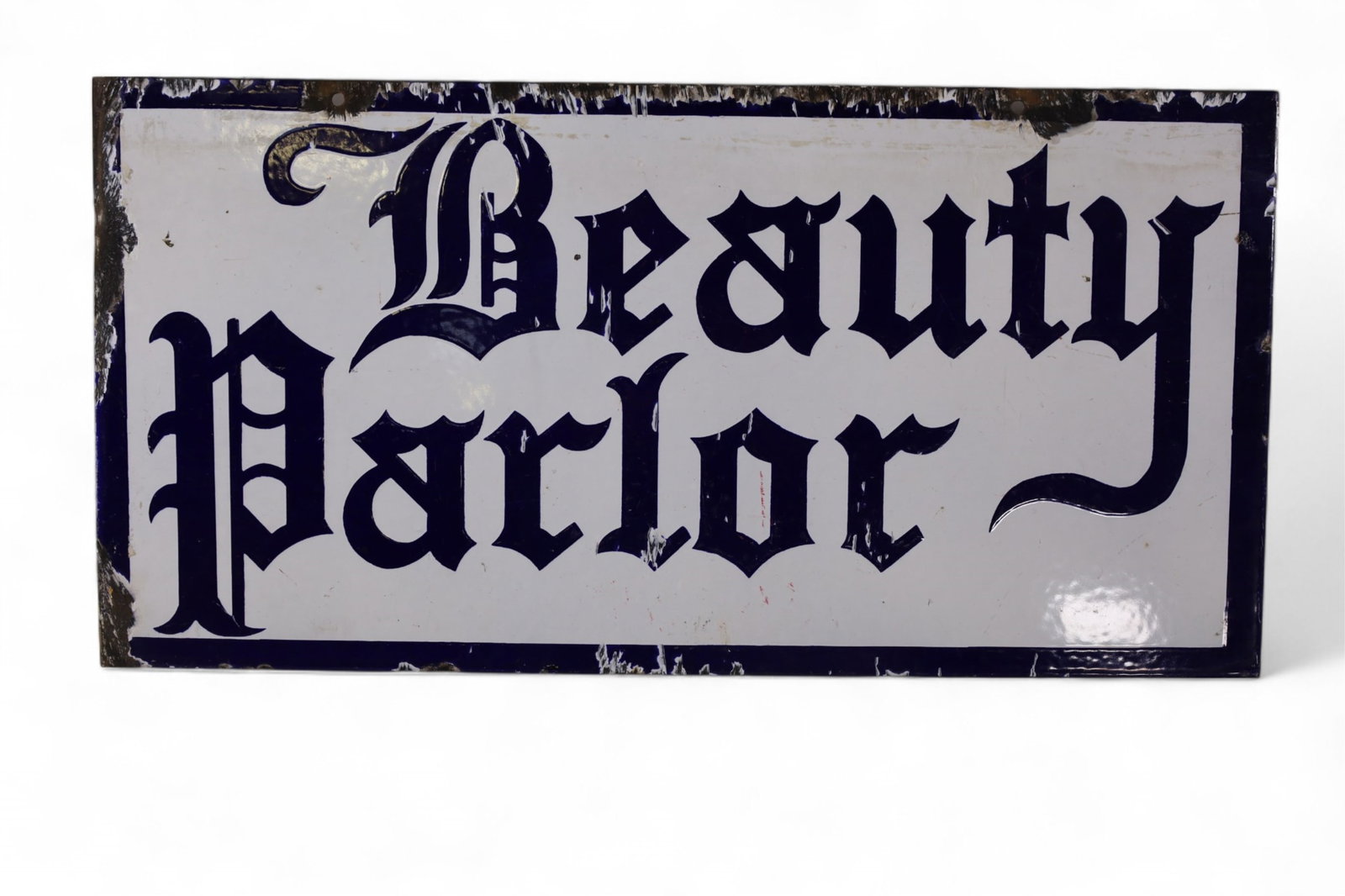 BEAUTY PARLOR PORCELAIN FLANGE: BEAUTY PARLOR PORCELAIN FLANGE SIGN, CHIPS TO PORCELAIN. RUST. 24" x 12"