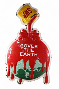 SHERWIN WILLIAMS PORCELAIN SIGN: SHERWIN WILLIAMS COVER THE EARTH PORCELAIN SIGN, CHIPS THROUGHOUT, BEND AT TOP. 24" W x 44" H.