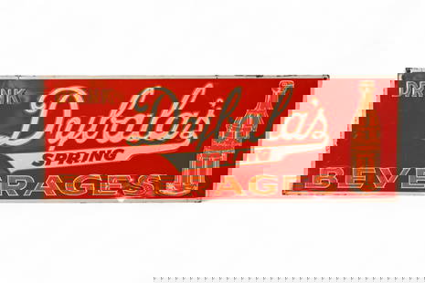 DYBALA'S SPRING BEVERAGE SIGN: EBMOSSED PAINTED TIN DYBALA'S BEVERAGE SIGN, SCRATCHES PAINT LOSS. 27" x 9 1/2'