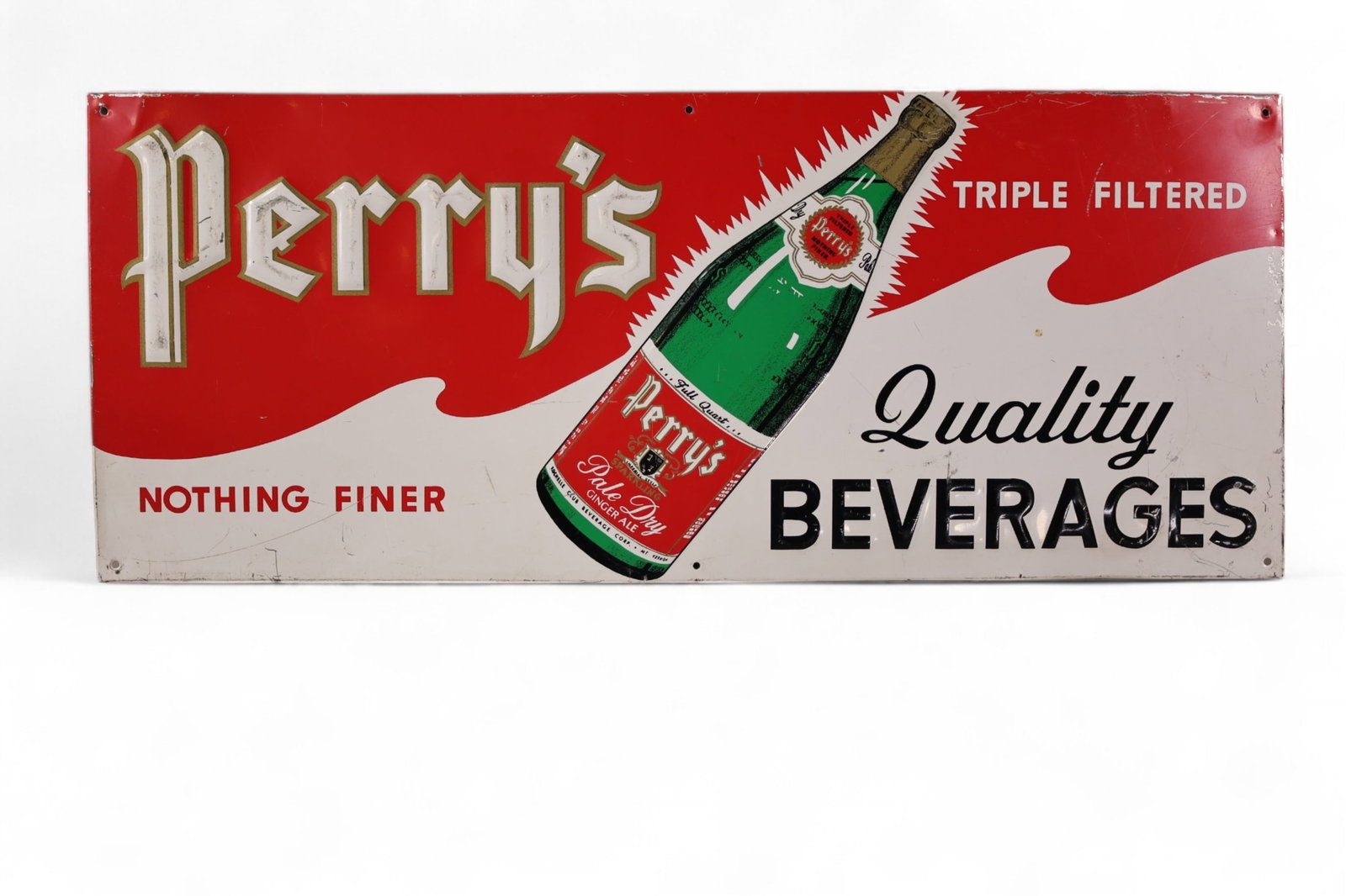 PERRY'S BEVERAGE SIGN: PALE DRY GINGER ALE PERRY'S BEVERAGE SIGN, PAINT TIN. PAINT LOSS, SCRATCHES. 23 1/2" x 9 1/2"