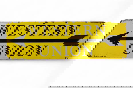 WESTERN UNION PORCELAIN SIGN: WESTERN UNION PORCELAIN SIGN, CHIPS ALONG EDGE. 30" x 10"