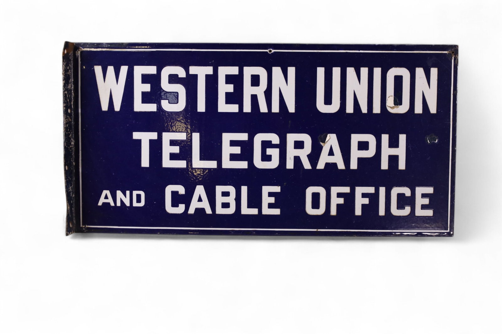 LARGE WESTERN UNION PORCELAIN FLANGE: WESTERN UNION TELEPHONE AND CABLE FLANGE SIGN, GOOD COLOR GOOD GLOSS. AREAS OF TOUCH UP. 30" x 15"