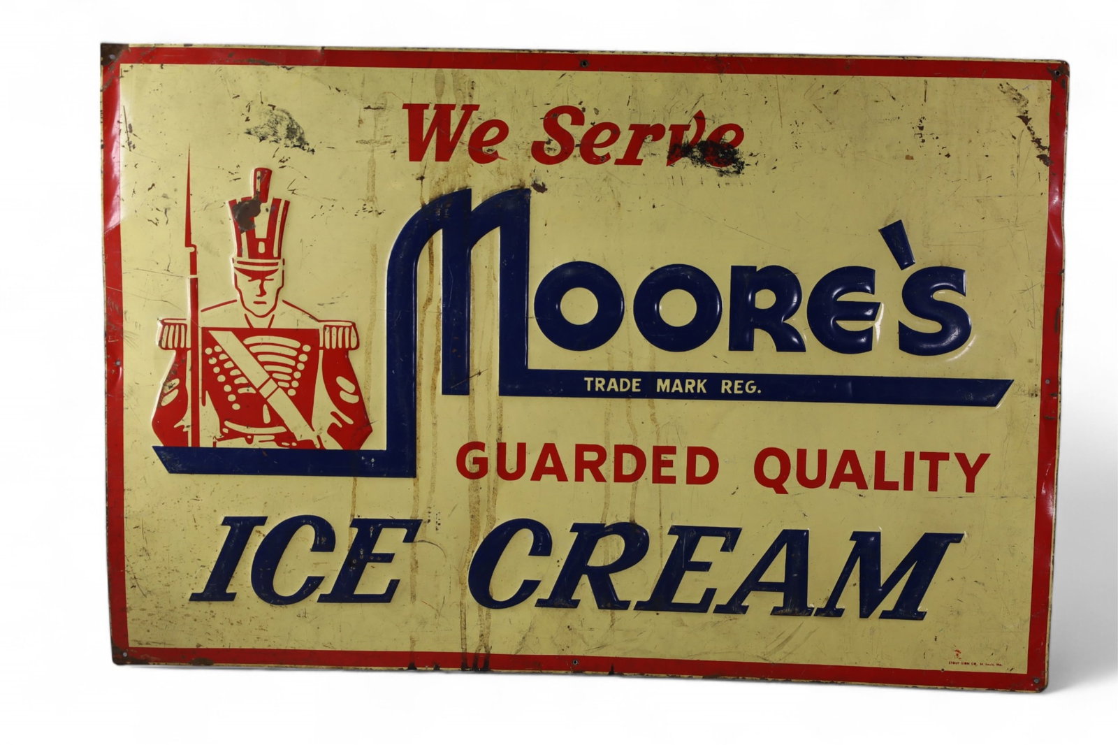 MOORE'S ICE CREAM TIN SIGN: LARGE MOORE'S ICE CREAM TIN SIGN, SCRATCHES, PAINT LOSS. 36" x 23 1/2"