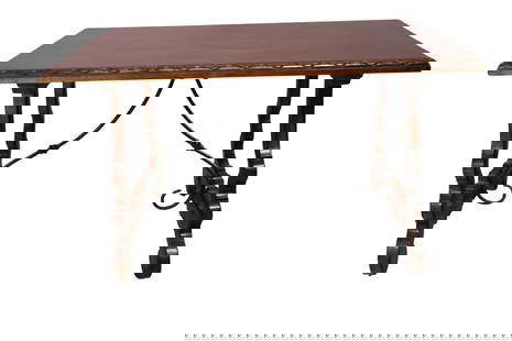 TRESTLE BASE LIBRARY TABLE: CONTEMPORARY IRON TRESTLE BASE LIBRARY TABLE, 50" L x 30" W x 30" H. THIS ITEM EXCEEDS SIZE OR WEIGHT LIMITATIONS FOR IN HOUSE SHIPPING, MUST BE PICKED UP VIA 3rd PARTY GROUND SHIPPER.