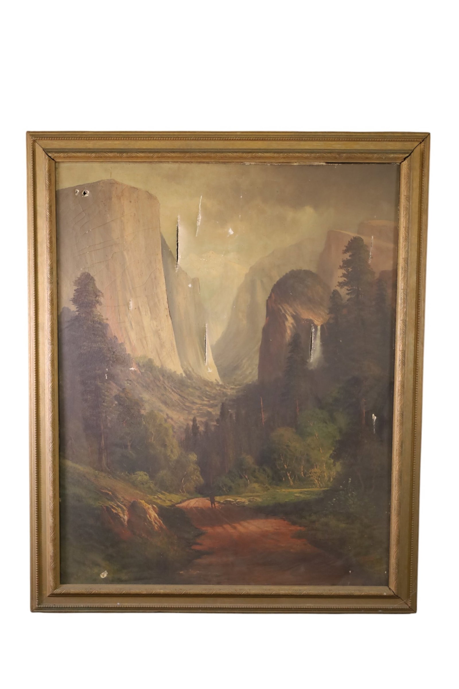 LARGE JOSEPH ENGLEHART YOSEMITE PAINTING (AS IS): LARGE OIL ON CANVAS, YOSEMITE. 44" x 54" IN FRAME. MULTIPLE TEARS, PAINT LOSS. THIS ITEM EXCEEDS SIZE OR WEIGHT LIMITATIONS FOR IN HOUSE SHIPPING, MUST BE PICKED UP VIA 3rd PARTY GROUND SHIPPER.
