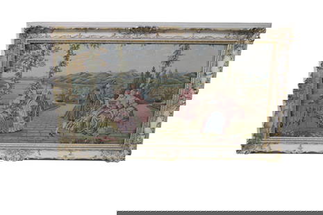 LARGE FRAMED TAPESTRY: FRENCH STYLE FRAMED TAPESTRY, IN PAINTED FRAME. DAMAGE TO FRAME. 59" x 36" IN FRAME. THIS ITEM EXCEEDS SIZE OR WEIGHT LIMITATIONS FOR IN HOUSE SHIPPING, MUST BE PICKED UP VIA 3rd PARTY GROUND SHIPPER.