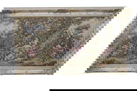 LARGE FRAMED TAPESTRY: FRENCH STYLE FRAMED TAPESTRY, IN PAINTED FRAME. 59" x 36" IN FRAME. THIS ITEM EXCEEDS SIZE OR WEIGHT LIMITATIONS FOR IN HOUSE SHIPPING, MUST BE PICKED UP VIA 3rd PARTY GROUND SHIPPER.