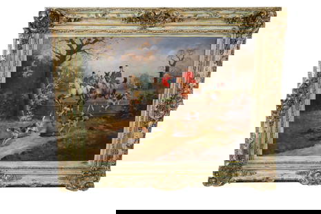 LARGE HUNT SCENE PAINTING: LARGE OIL ON CANVAS, UNSIGNED EUROPEAN HUNT SCENE PAINTING. IN CARVED FRAME. 60" x 51" IN FRAME. THIS ITEM EXCEEDS SIZE OR WEIGHT LIMITATIONS FOR IN HOUSE SHIPPING, MUST BE PICKED UP VIA 3rd PARTY GRO