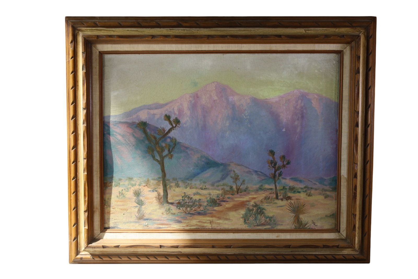 PAUL LEISHMAN OIL PAINTING: OIL ON BOARD, SIGNED LOWER RIGHT, DESERT LANDSCAPE, HEAVY CRAZING. NEEDS CLEANED. 24" x 18" IMAGE SIZE / 31" x 25" IN FRAME