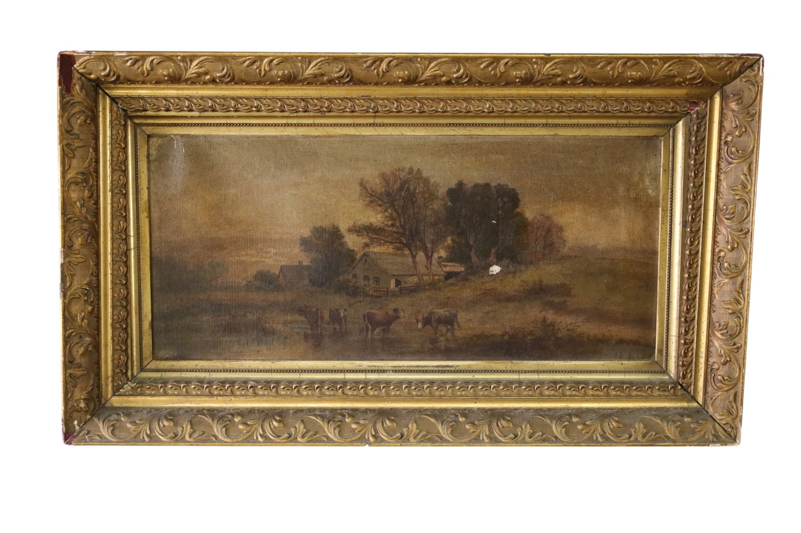 VICTORIAN PASTORAL SCENE: SMALL VICTORIAN PASTORAL SCENE, IN GILT FRAME. HOLE TO CENTER. 28" x 17" IN FRAME