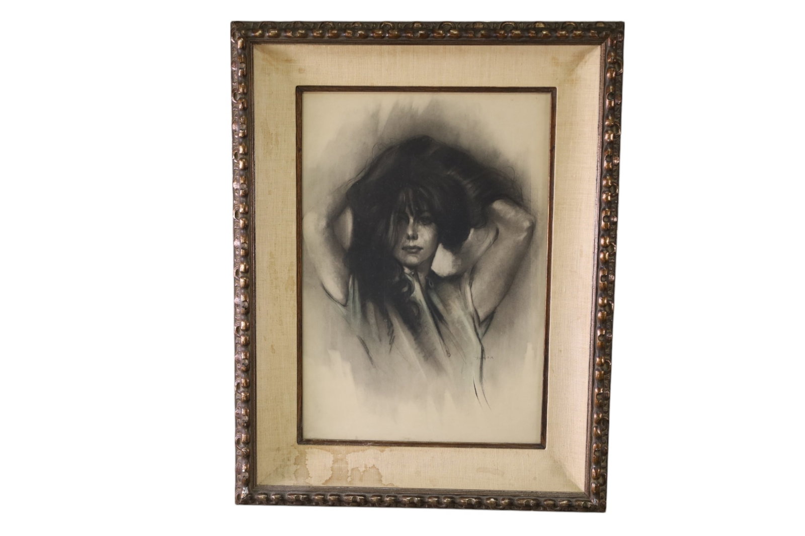 NUDE DRAWING: CHARCOAL DRAWING FRAMED, ATTRIBUTED TO JULIAN RITTER. WATER DAMAGE TO FRAME. 23" x 29" IN FRAME