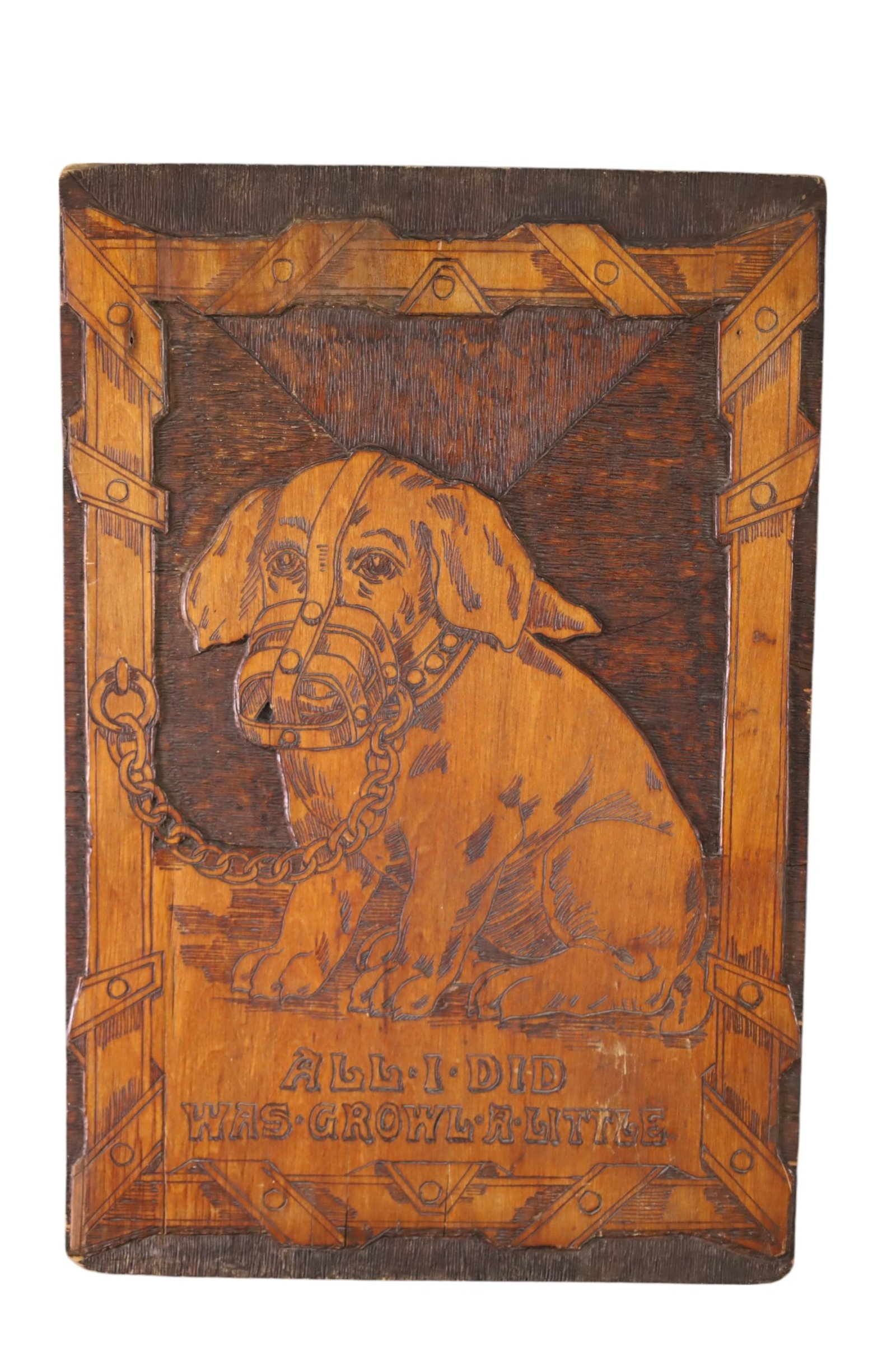PYRO ART WALL HANGING: PYRO ART DOG WALL HANGING, "ALL I DID WAS GROWL A LITTLE" 12" x 18"