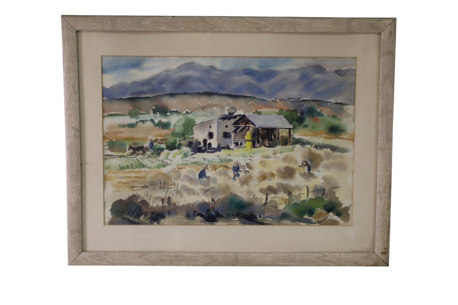 FRAMED WATERCOLOR: WATERCOLOR FRAMED UNDER GLASS, SIGNED MARION TAYLOR. TITLED THE COTTON PICKERS. 27 1/2" x 21" IN FRAME