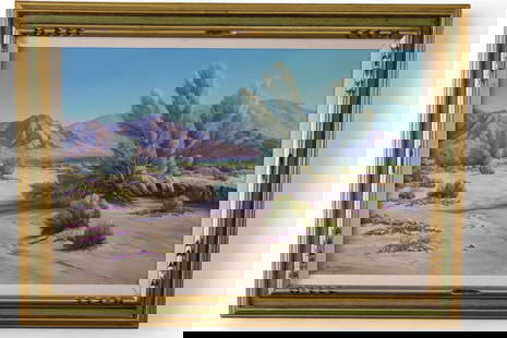 NORMAN YECKLEY DESERT LANDSCAPE PAINTING: OIL ON CANVAS, SIGNED LOWER LEFT, G CARLISLE FROM NORMAN YECKLEY. CALIFORNIA DESERT LANDSCAPE PAINTING. SCRATCHES TO CANVAS. 36" x 24" IMAGE SIZE / 45" x 33" IN FRAME