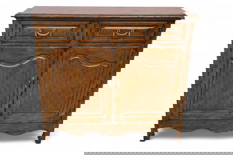 FRENCH STYLE HALL TABLE: CONTEMPORARY COUNTRY FRENCH STYLE HALL TABLE, TWO DRAWER, TWO DOOR. WEAR TO CORNER. 41" W x 12" D x 37" H. THIS ITEM EXCEEDS SIZE OR WEIGHT LIMITATIONS FOR IN HOUSE SHIPPING, MUST BE PICKED UP VIA 3rd