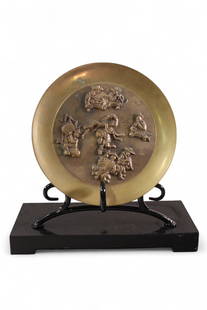 JAPANESE BRONZE CHARGER: JAPANESE BRONZE CHARGER ON STAND. 12" DIAM.