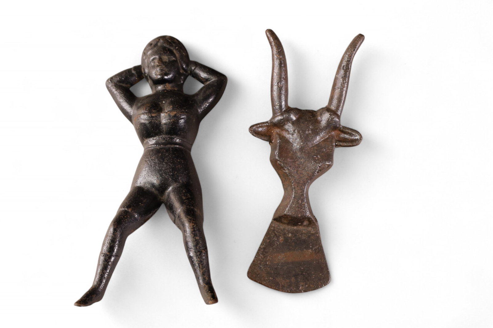 2 CAST IRON BOOT JACKS: STEER & NUDE FIGURE, 10 L